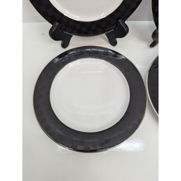 Nikko Fine China Black Tie Patra 8" Salad Plate Silver Trim Set of 4 - Picture 5 of 10